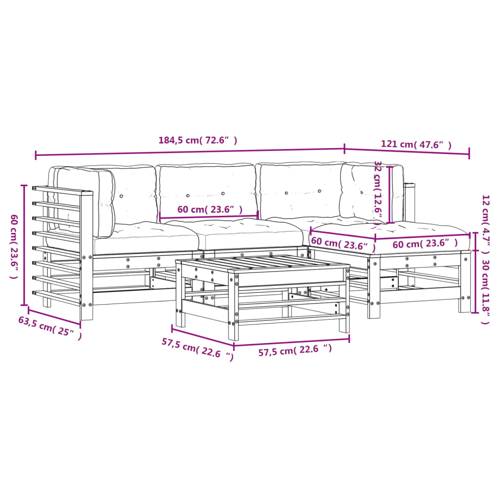 5pcs conjunto lounge jardim com almofadões madeira maciça cinza