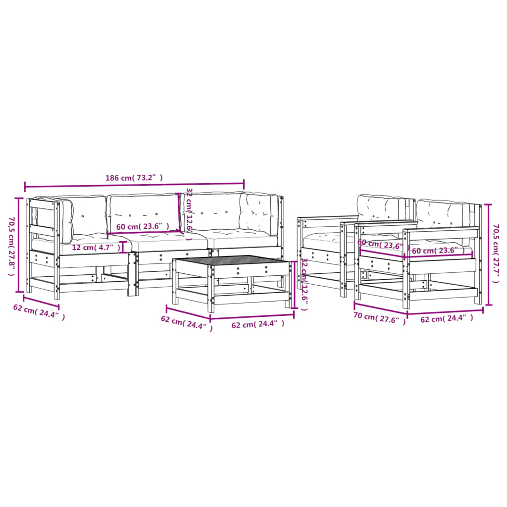 6 pcs conjunto lounge de jardim com almofadões douglas maciça