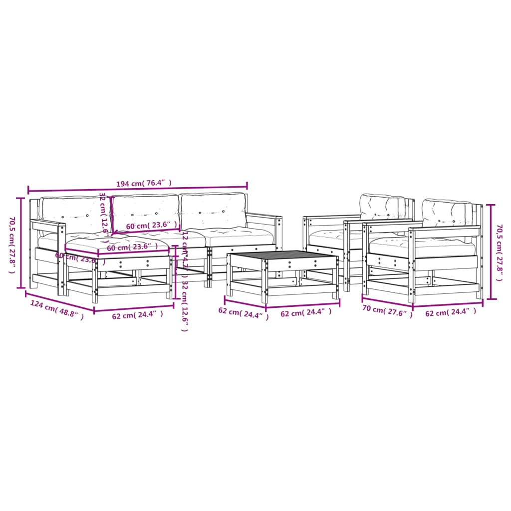 7pcs conjunto lounge jardim c/ almofadões madeira maciça branco