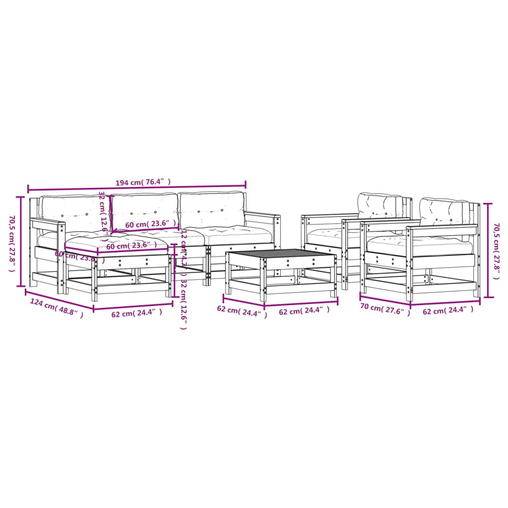 7 pcs conjunto lounge de jardim c/ almofadões pinho impregnado