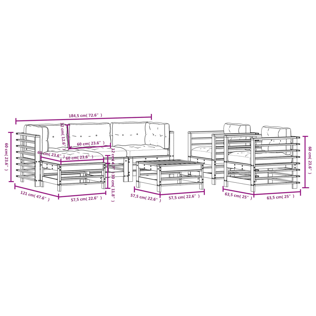 7 pcs conjunto lounge de jardim com almofadões madeira maciça