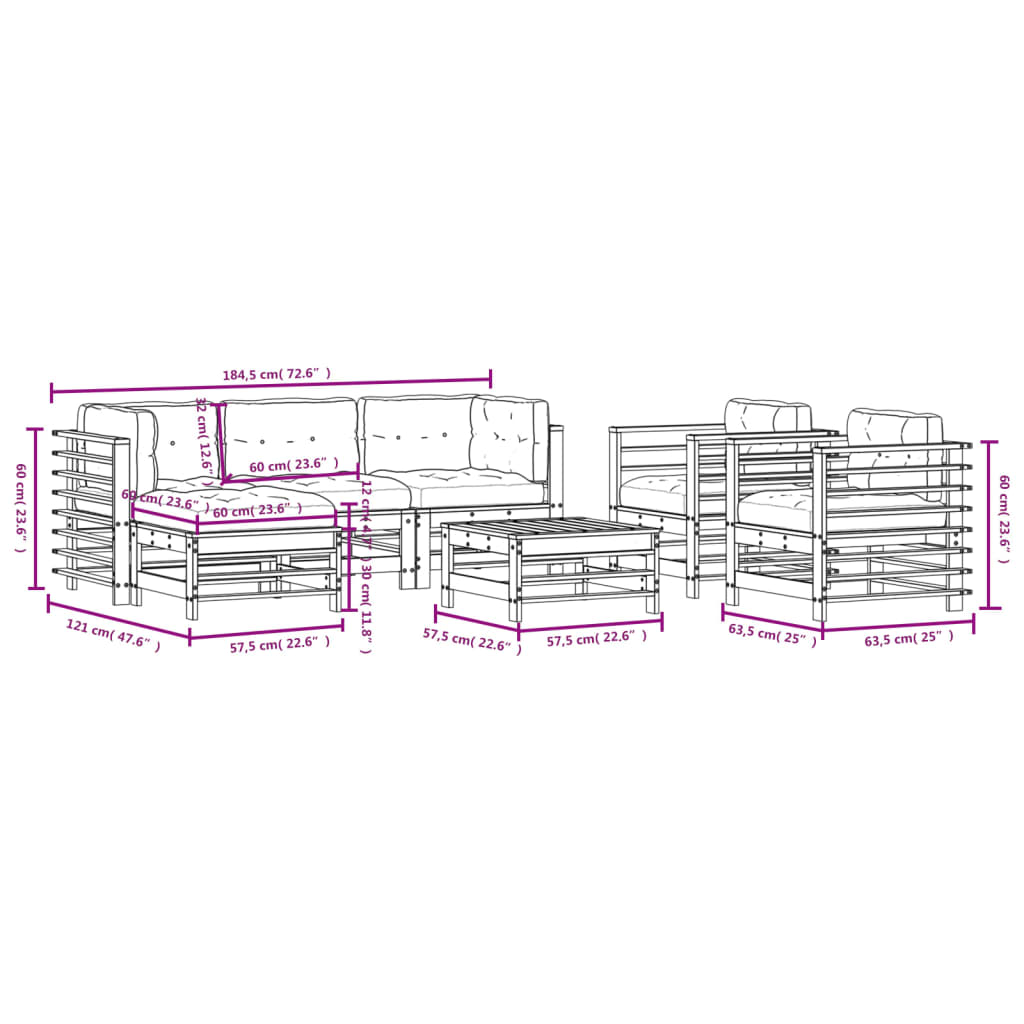 7 pcs conjunto lounge jardim c/ almofadões madeira maciça cinza