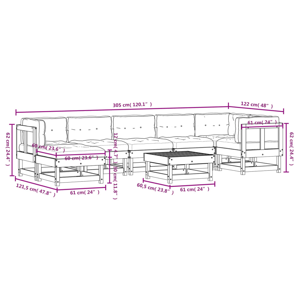 8 pcs conjunto lounge jardim c/ almofadões madeira maciça preto