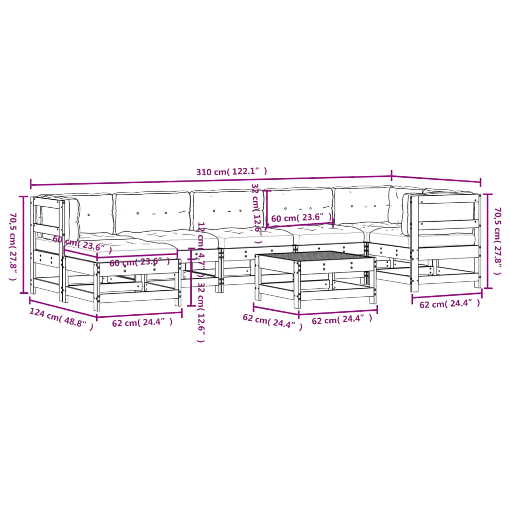 8 pcs conjunto lounge jardim c/ almofadões madeira maciça cinza