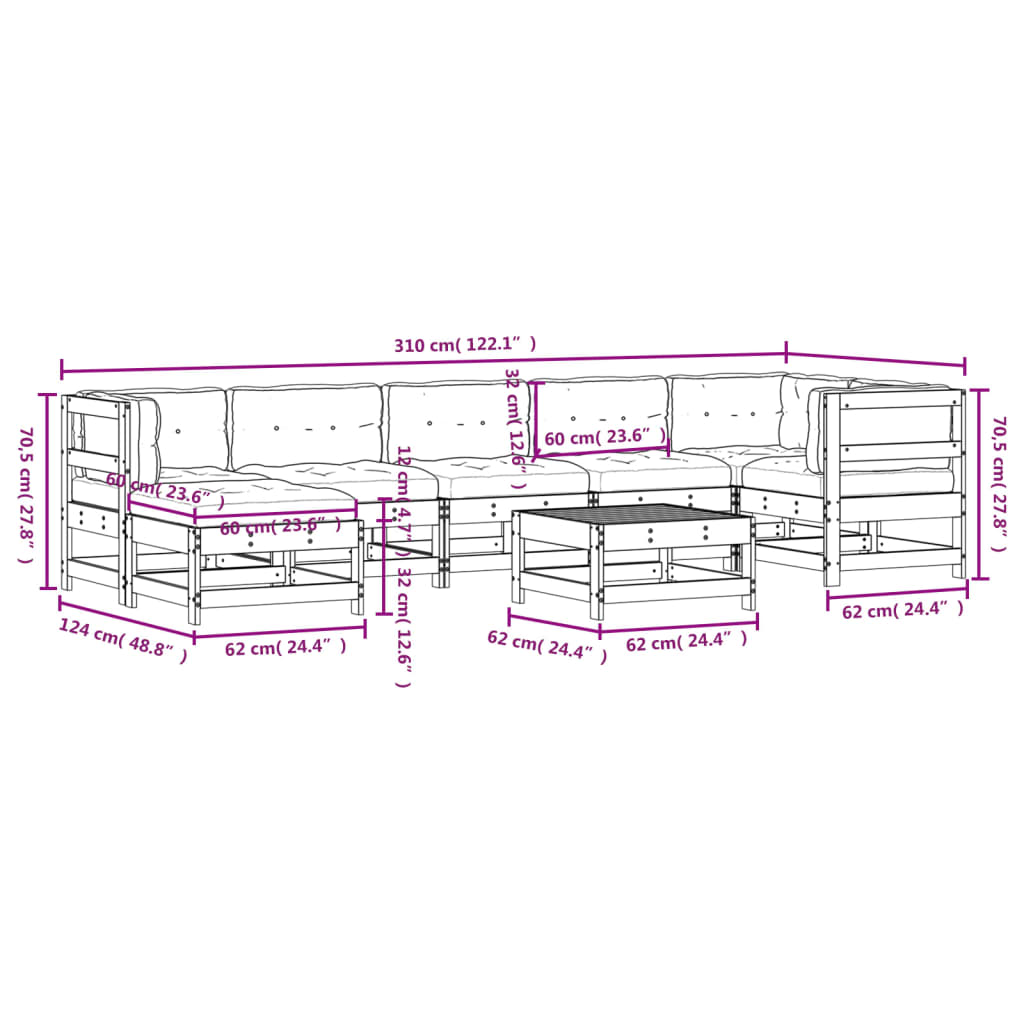 8 pcs conjunto lounge jardim c/ almofadões madeira maciça preto