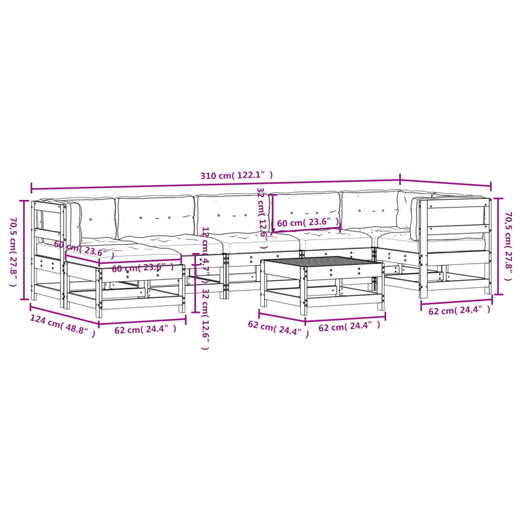 8 pcs conj. lounge jardim c/ almofadões madeira douglas maciça