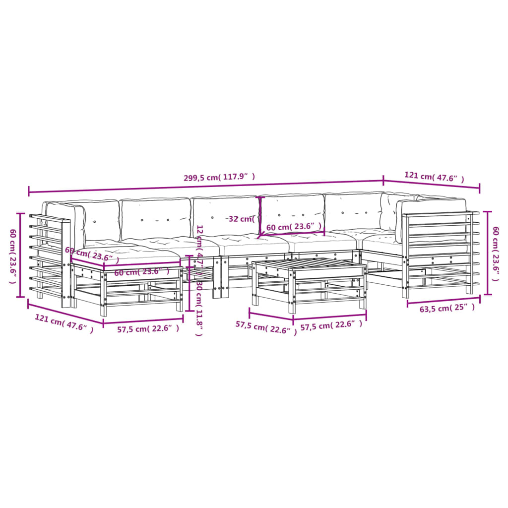 8 pcs conj. lounge jardim c/ almofadões madeira douglas maciça