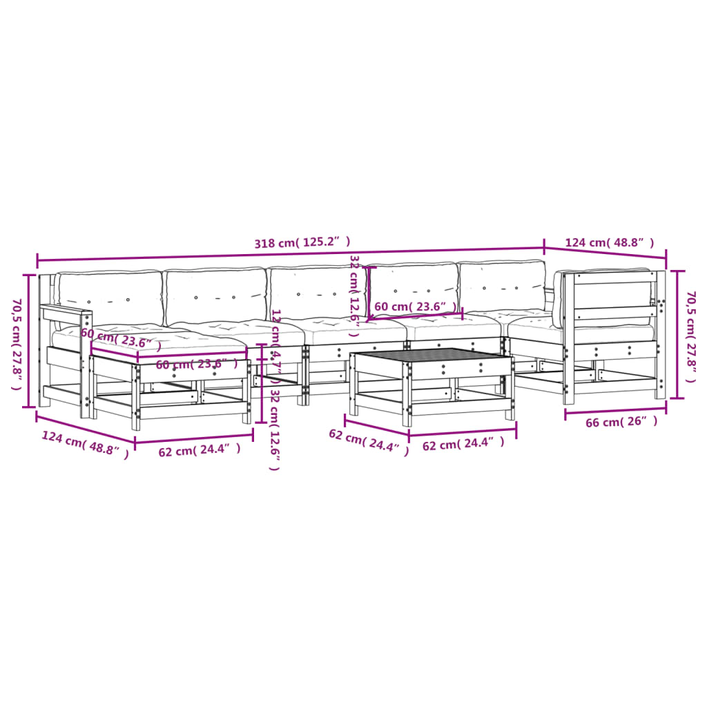 8 pcs conjunto lounge de jardim c/ almofadões pinho impregnado