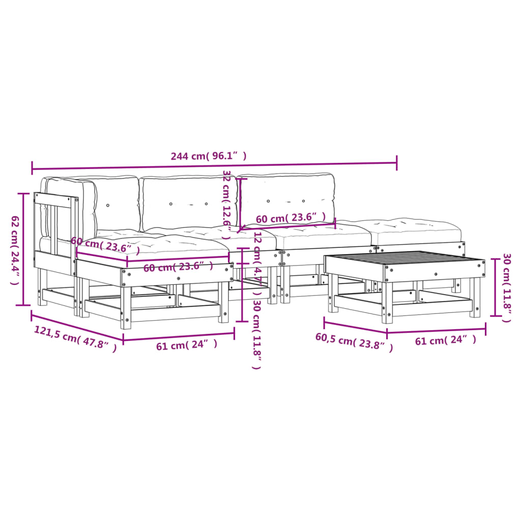 6 pcs conjunto lounge jardim c/ almofadões madeira maciça