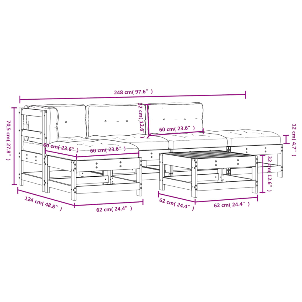 6 pcs conjunto lounge jardim c/ almofadões madeira maciça