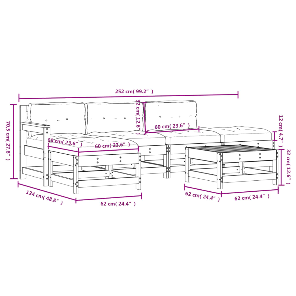 6 pcs conjunto lounge jardim c/ almofadões madeira maciça