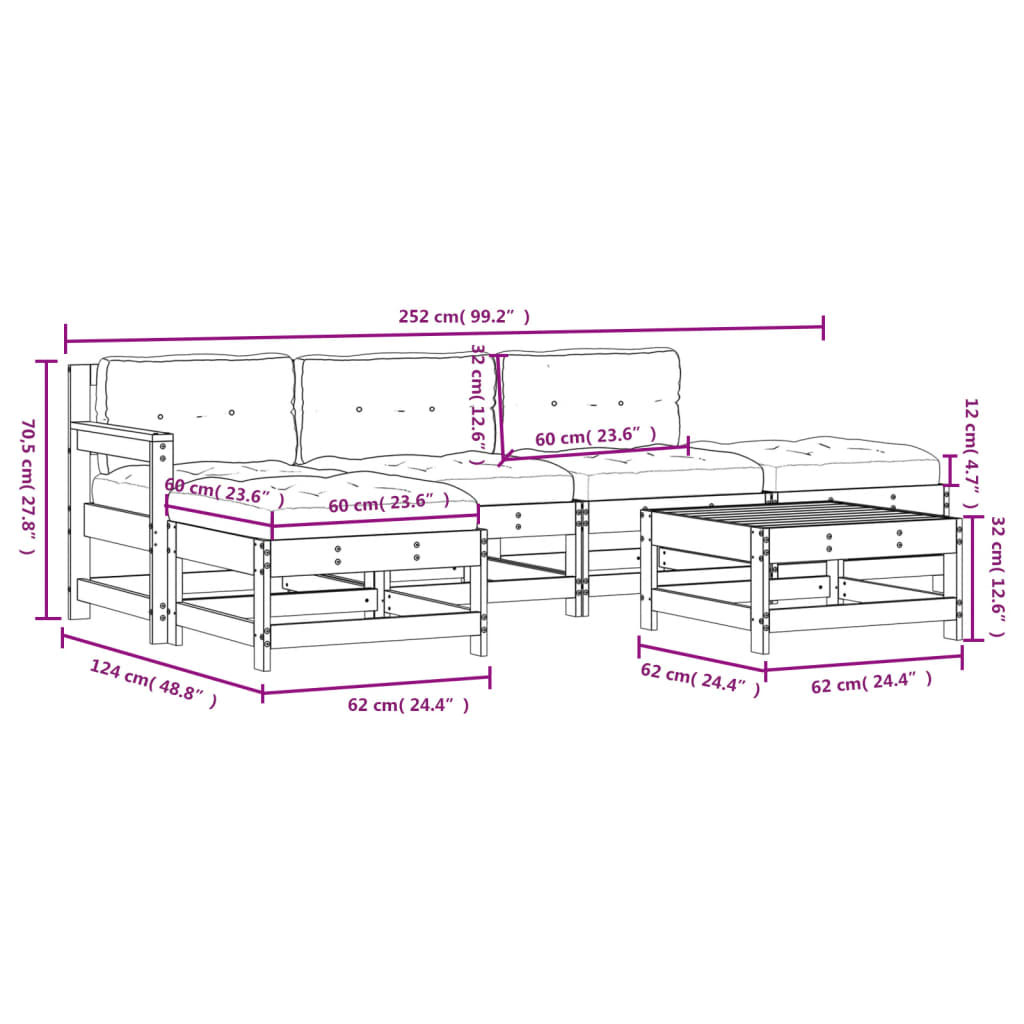 6pcs conjunto lounge jardim c/ almofadões madeira maciça preto