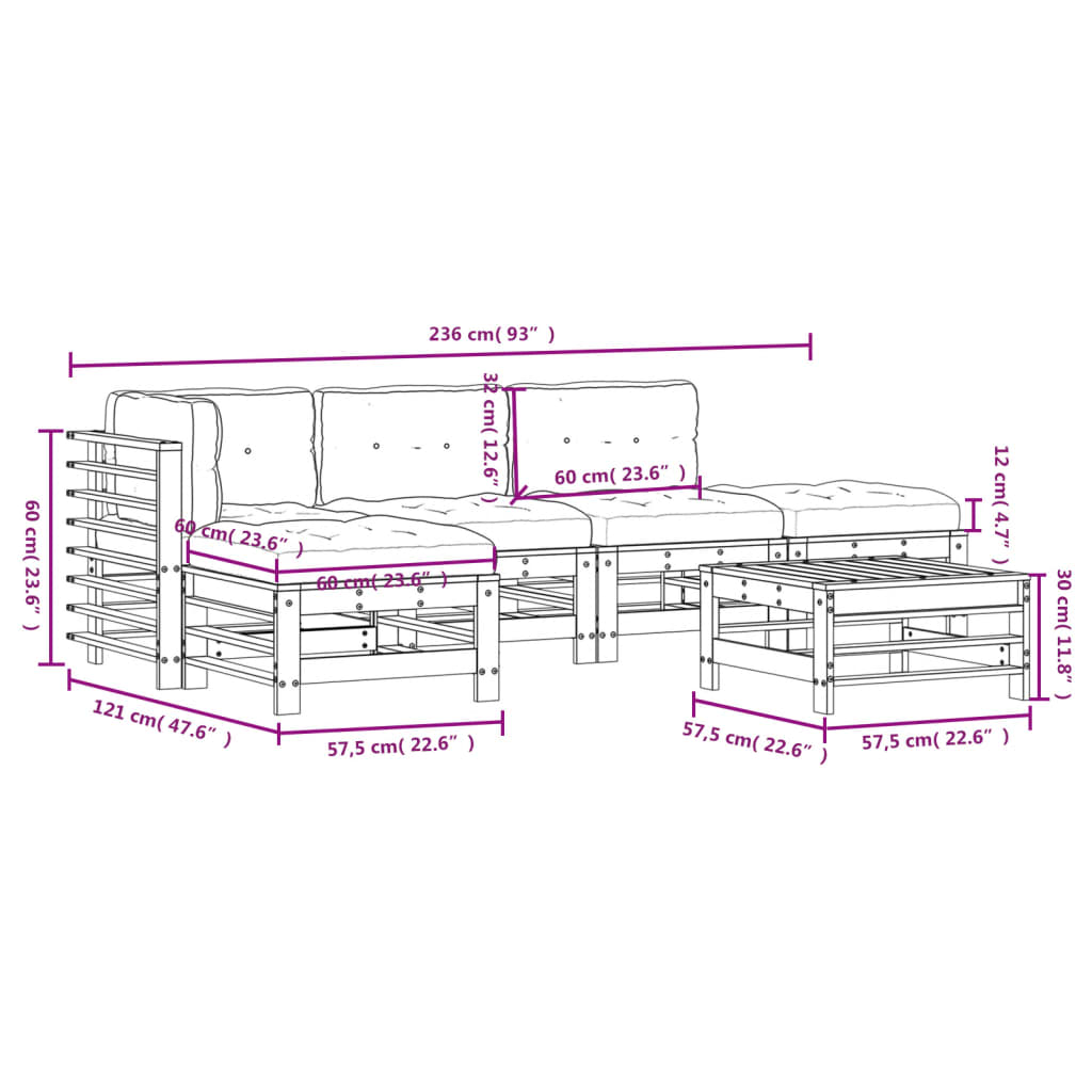 6 pcs conjunto lounge jardim c/ almofadões madeira maciça cinza