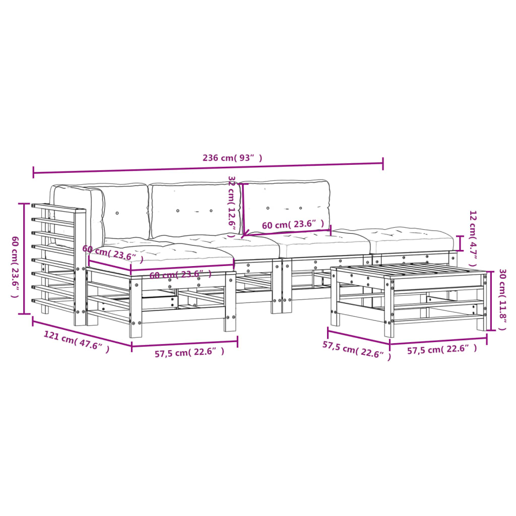 6pcs conjunto lounge jardim c/ almofadões madeira maciça preto