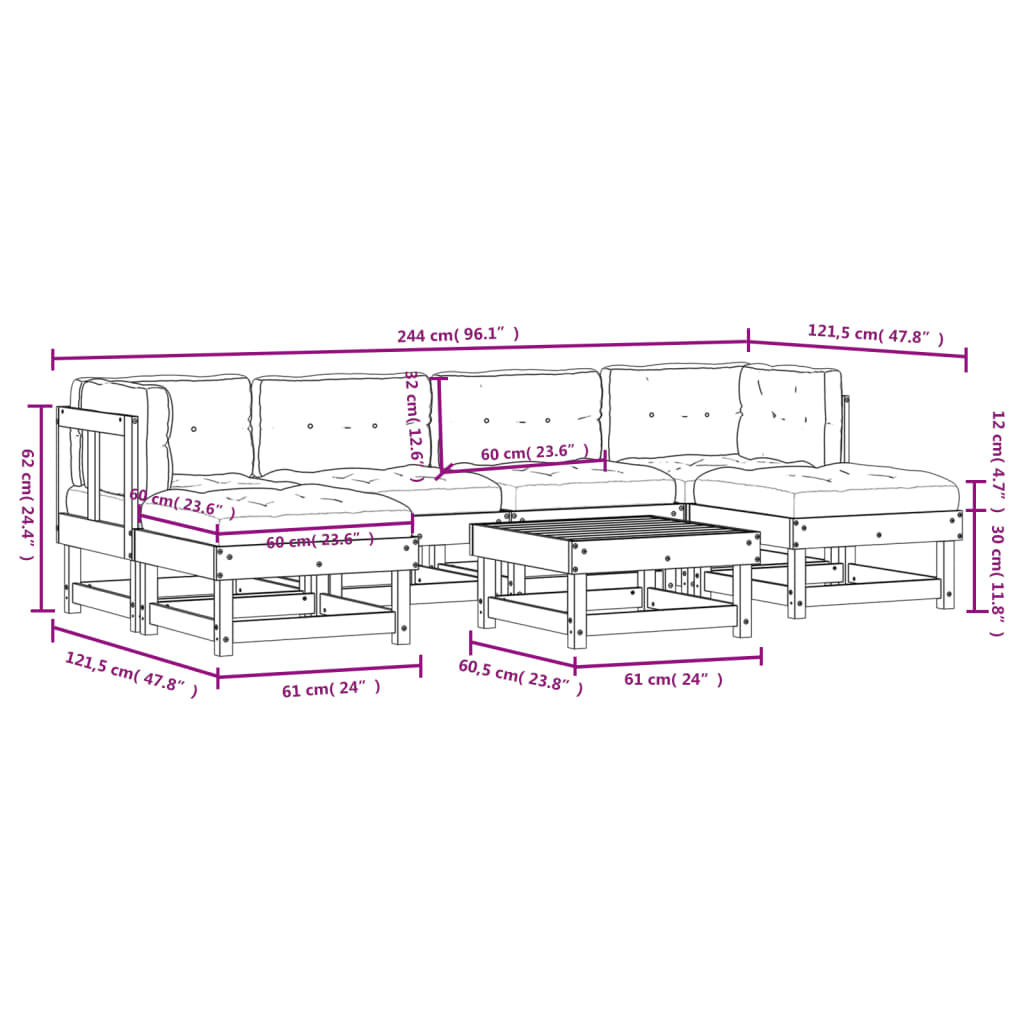 7pcs conj. lounge jardim+almofadões madeira maciça castanho-mel