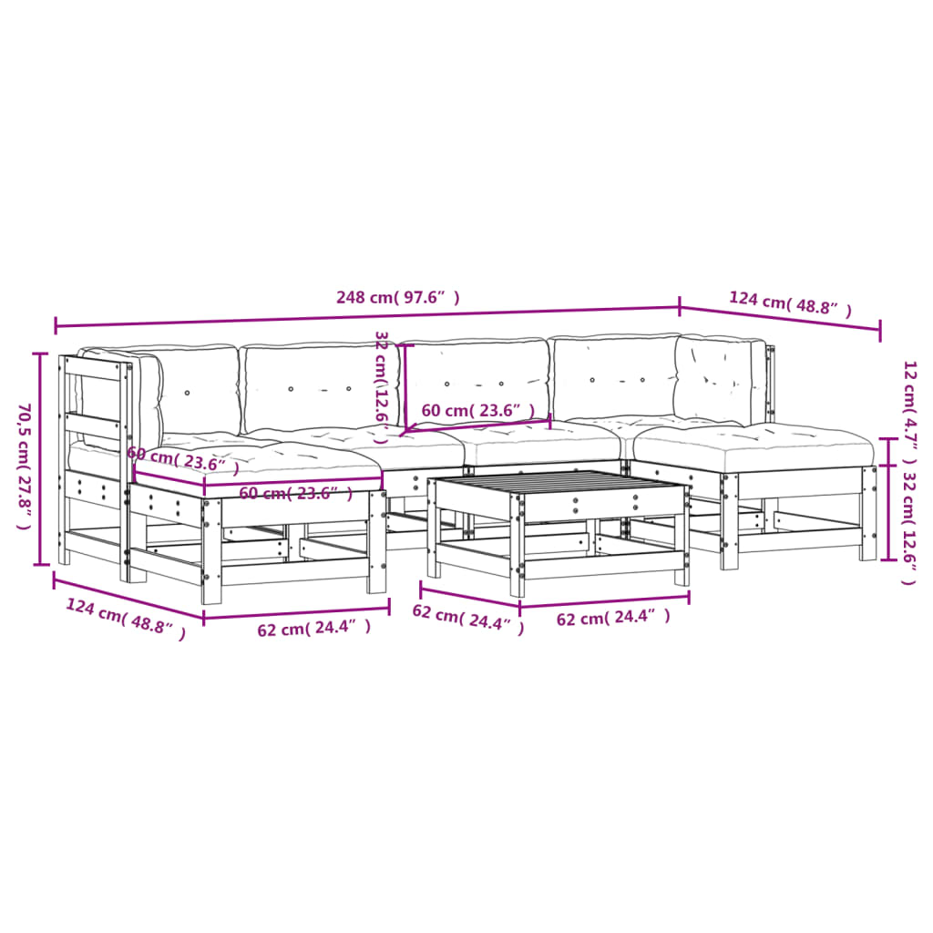 7pcs conjunto lounge jardim c/ almofadões madeira maciça branco