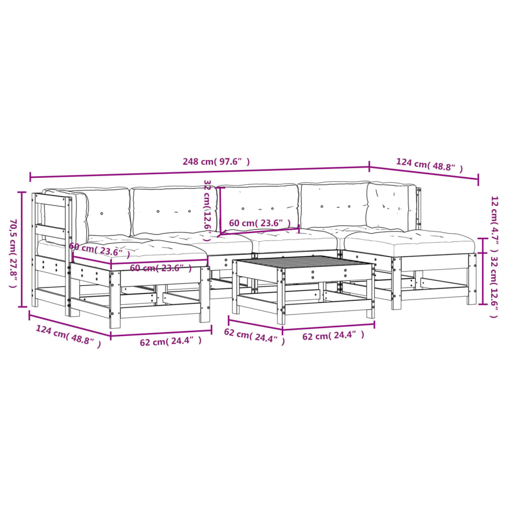 7 pcs conjunto lounge de jardim c/ almofadões pinho impregnado