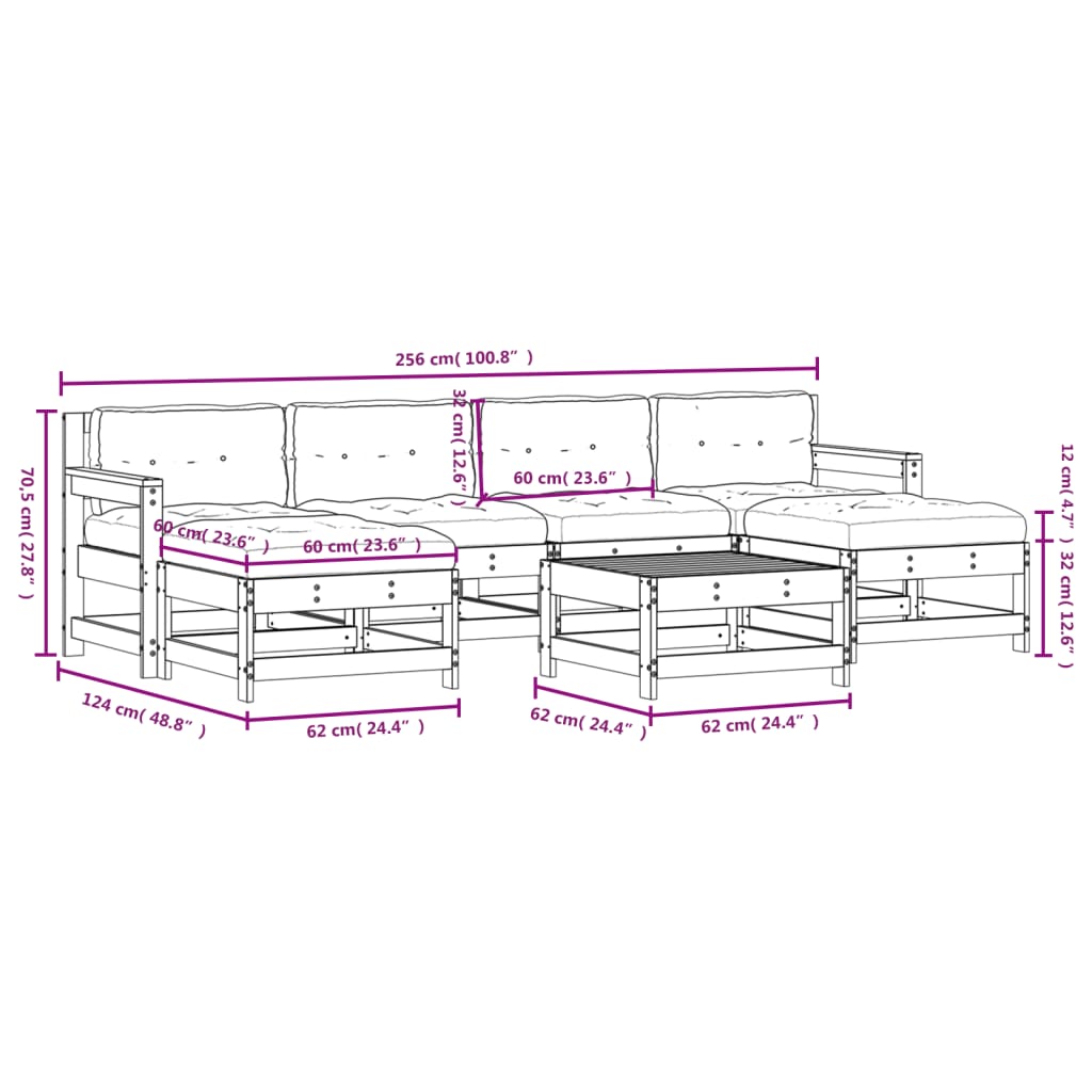 7 pcs conjunto lounge jardim c/ almofadões madeira maciça cinza