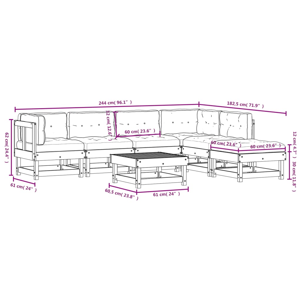 7 pcs conjunto lounge jardim c/ almofadões madeira maciça