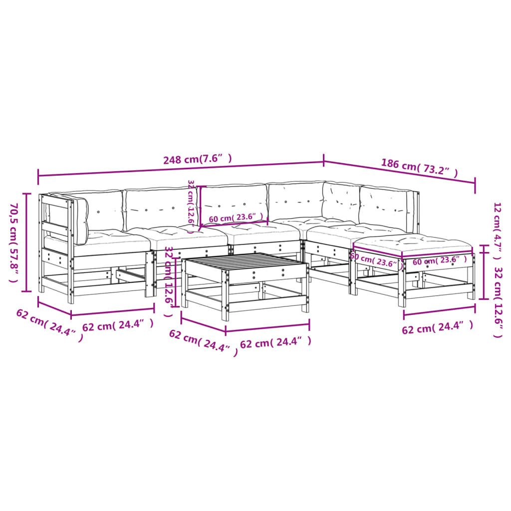 7pcs conjunto lounge jardim c/ almofadões madeira maciça branco