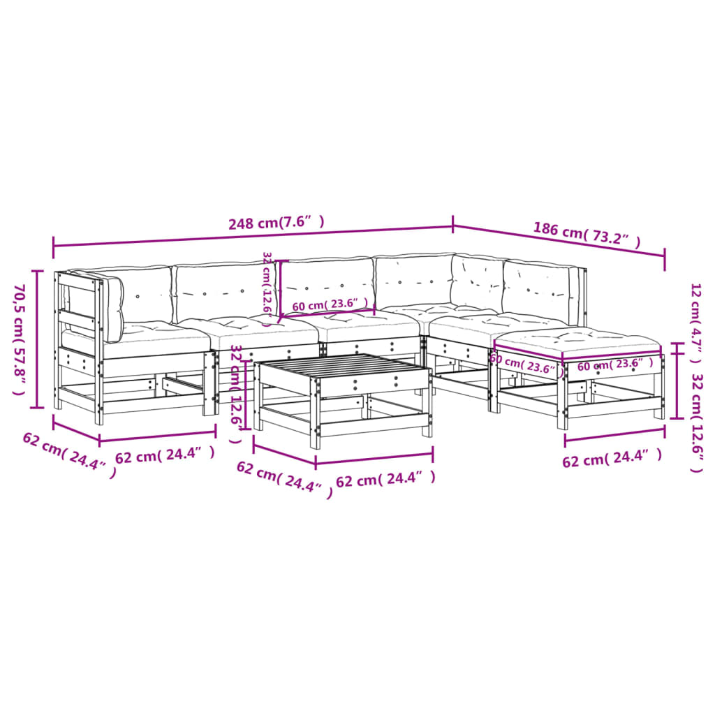 7 pcs conjunto lounge jardim c/ almofadões madeira maciça preto