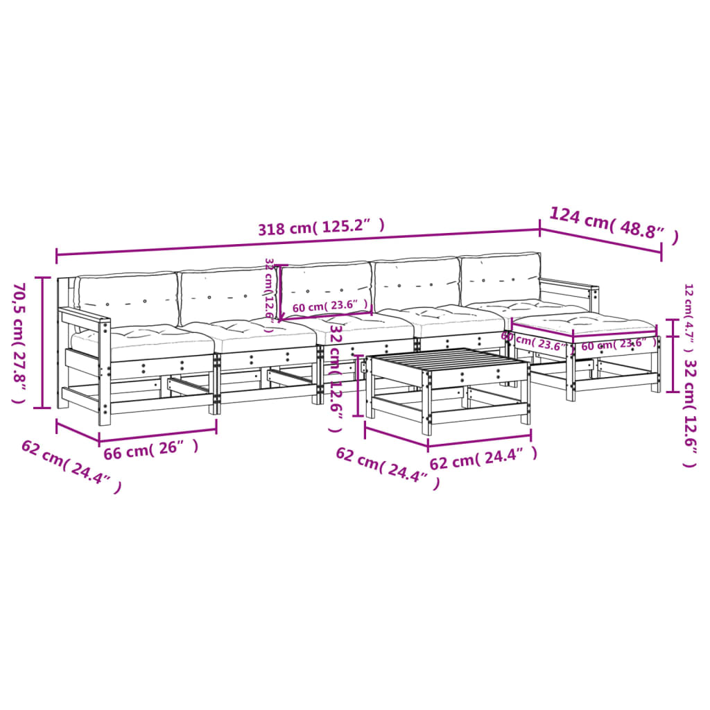 7pcs conj. lounge jardim+almofadões madeira maciça castanho-mel