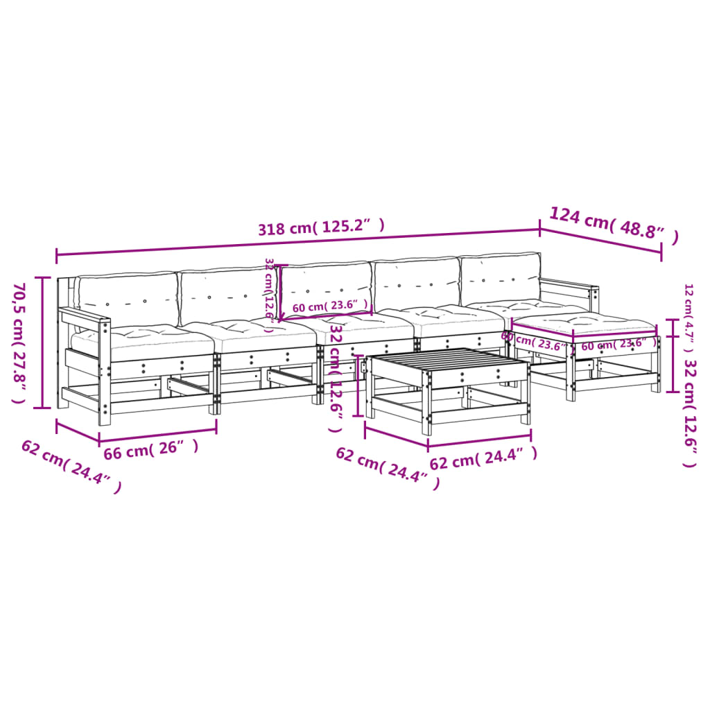 7 pcs conjunto lounge jardim c/ almofadões madeira maciça preto