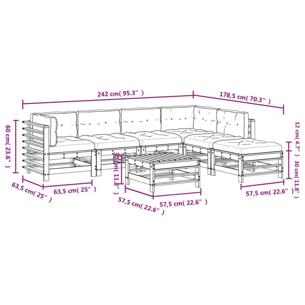 7 pcs conjunto lounge jardim c/ almofadões madeira maciça