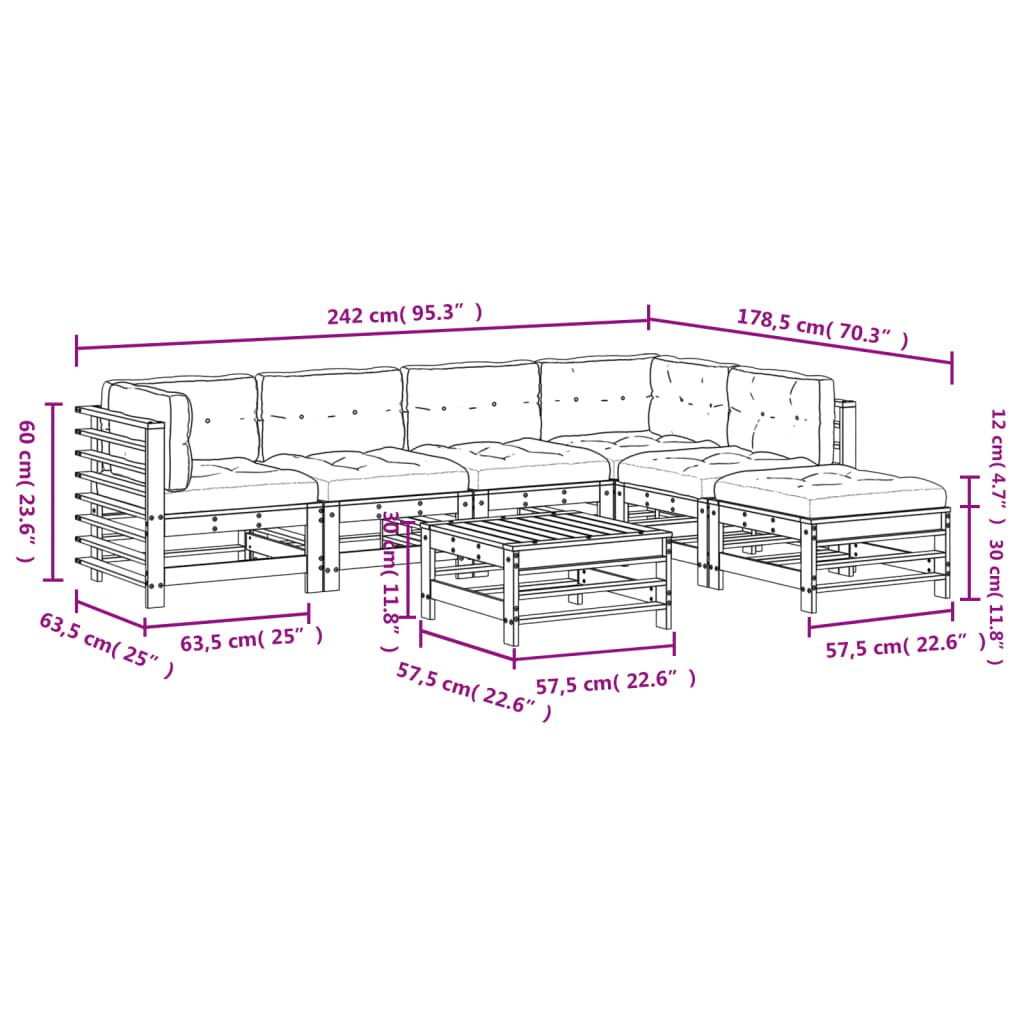 7 pcs conjunto lounge jardim c/ almofadões madeira maciça preto