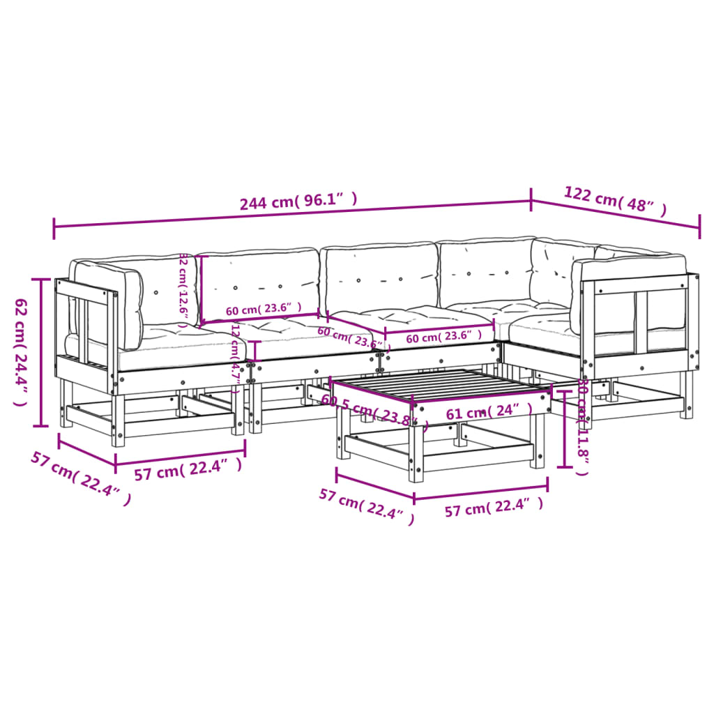 6 pcs conjunto lounge jardim c/ almofadões madeira maciça cinza