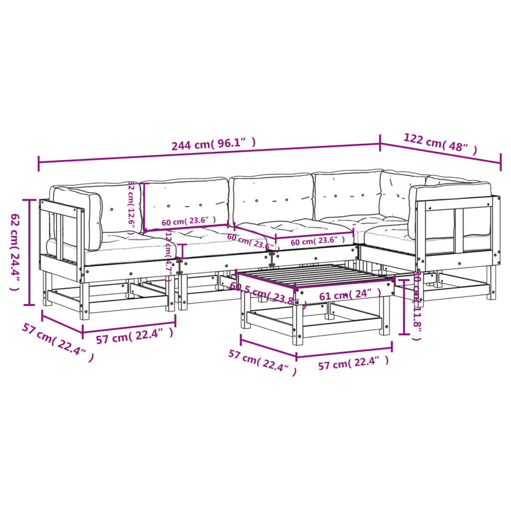 6 pcs conj. lounge jardim c/ almofadões madeira douglas maciça