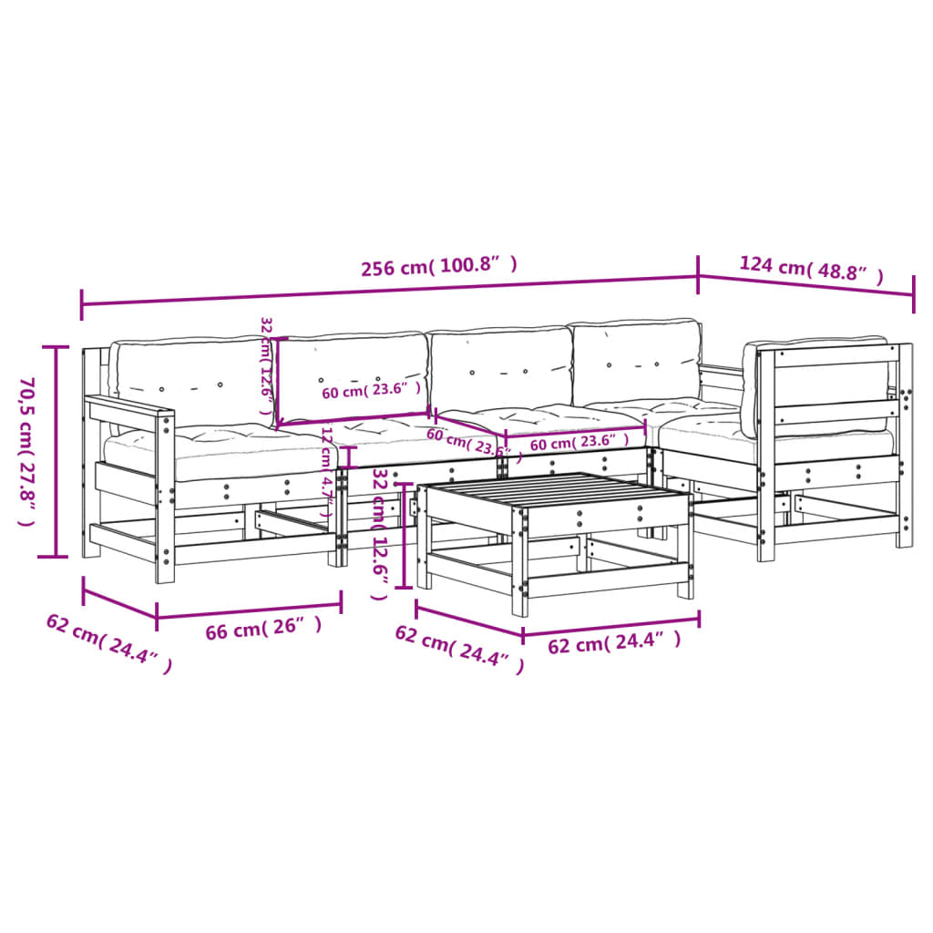 6 pcs conjunto lounge jardim c/ almofadões madeira maciça