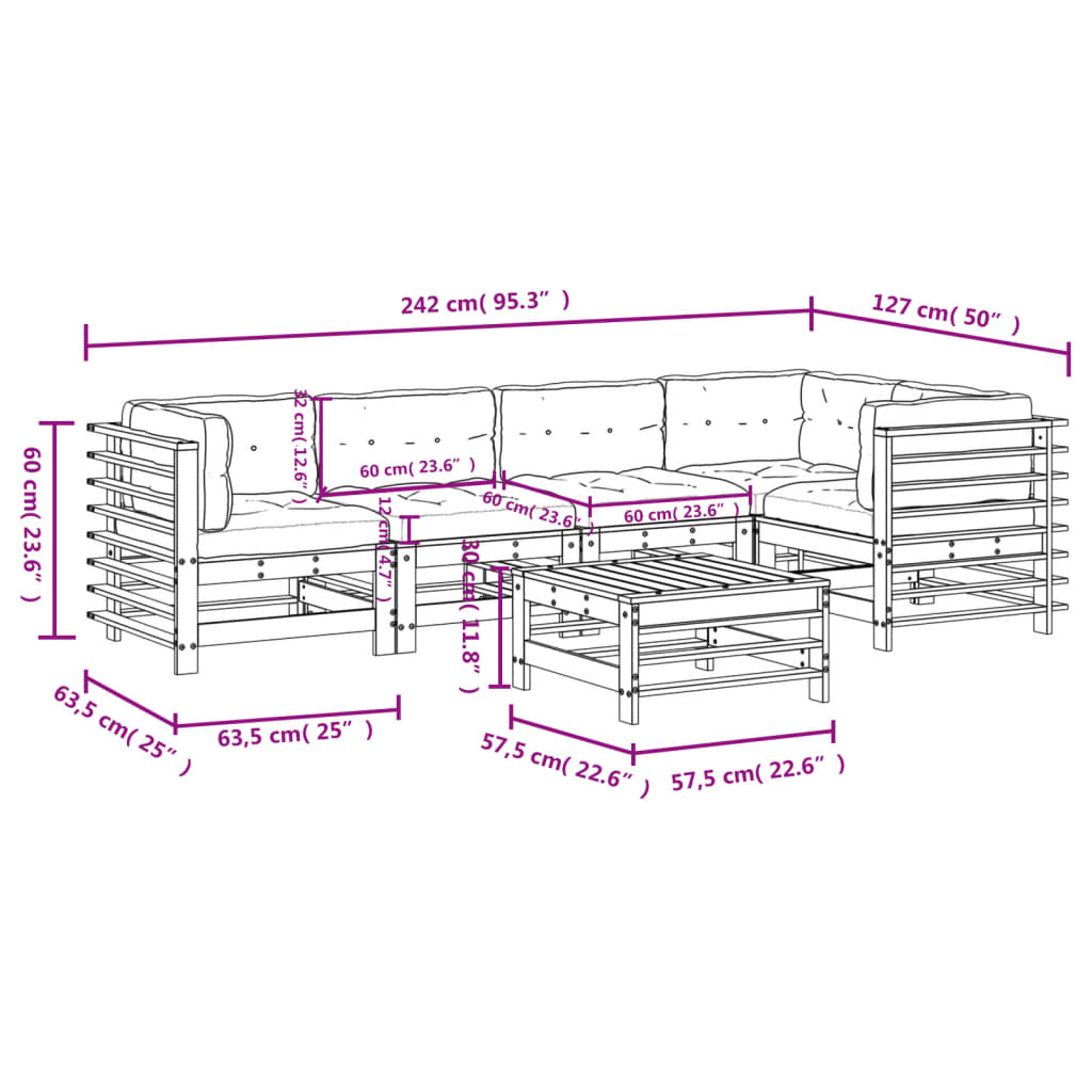 6 pcs conjunto lounge jardim com almofadões madeira maciça