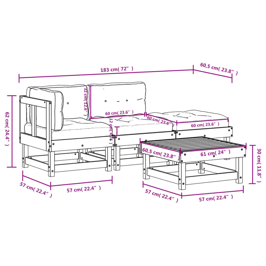 4 pcs conjunto lounge jardim com almofadões madeira maciça