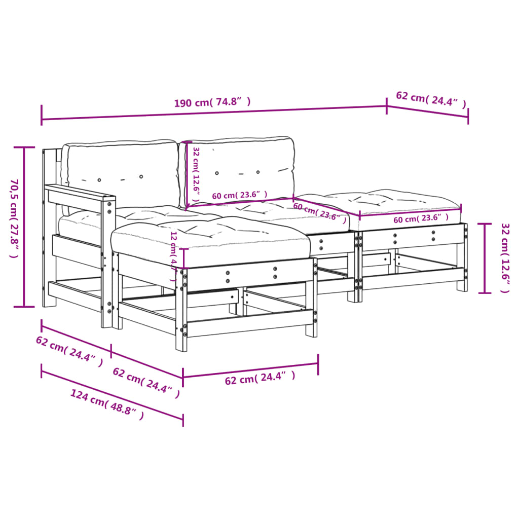 4pcs conjunto lounge jardim c/ almofadões madeira maciça branco