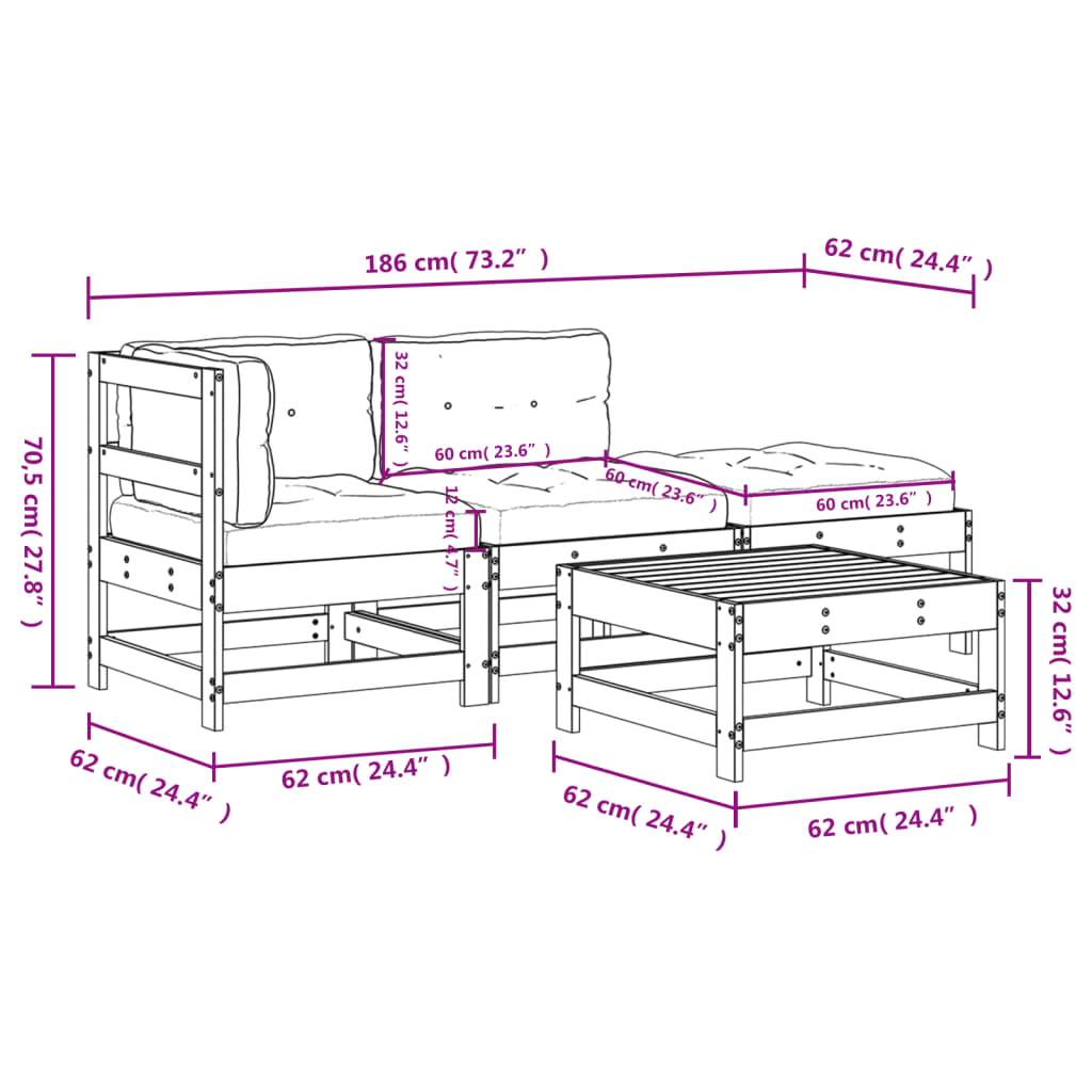 4 pcs conjunto lounge jardim c/ almofadões madeira maciça