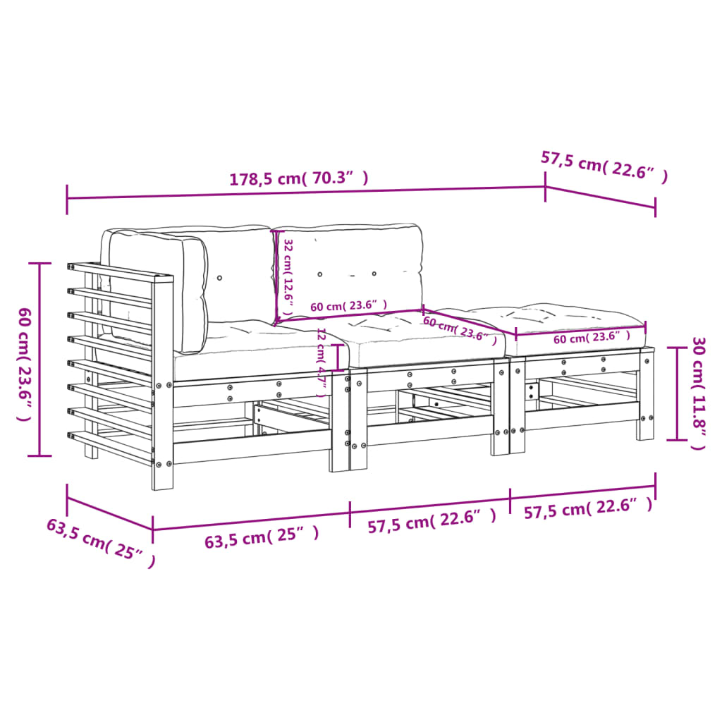 3 pcs conjunto lounge de jardim c/ almofadões madeira maciça