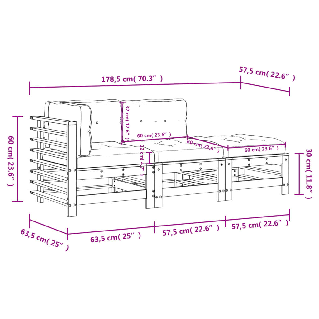 3pcs conj. lounge jardim+almofadões madeira maciça castanho-mel