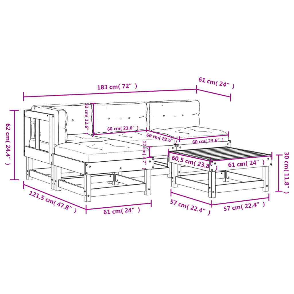 5pcs conj. lounge jardim+almofadões madeira maciça castanho-mel