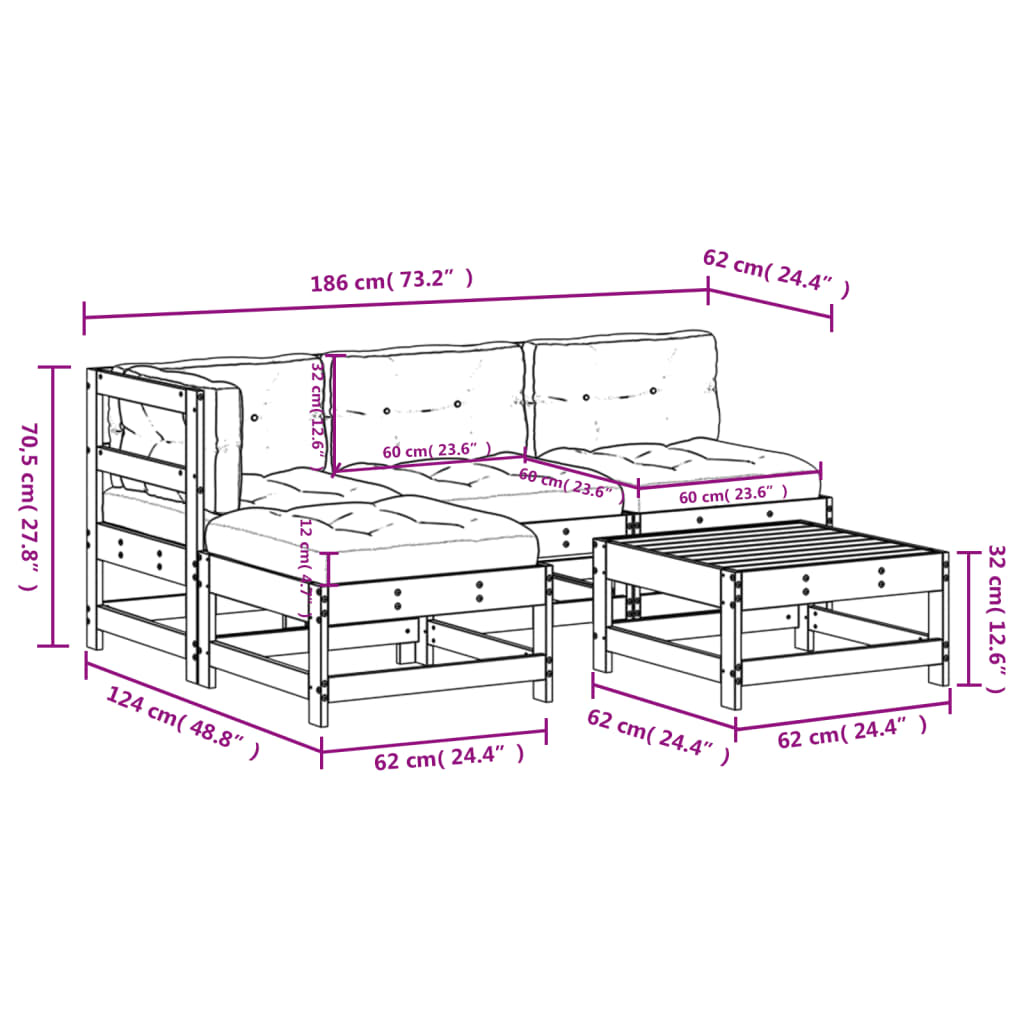 5pcs conjunto lounge jardim c/ almofadões madeira maciça branco