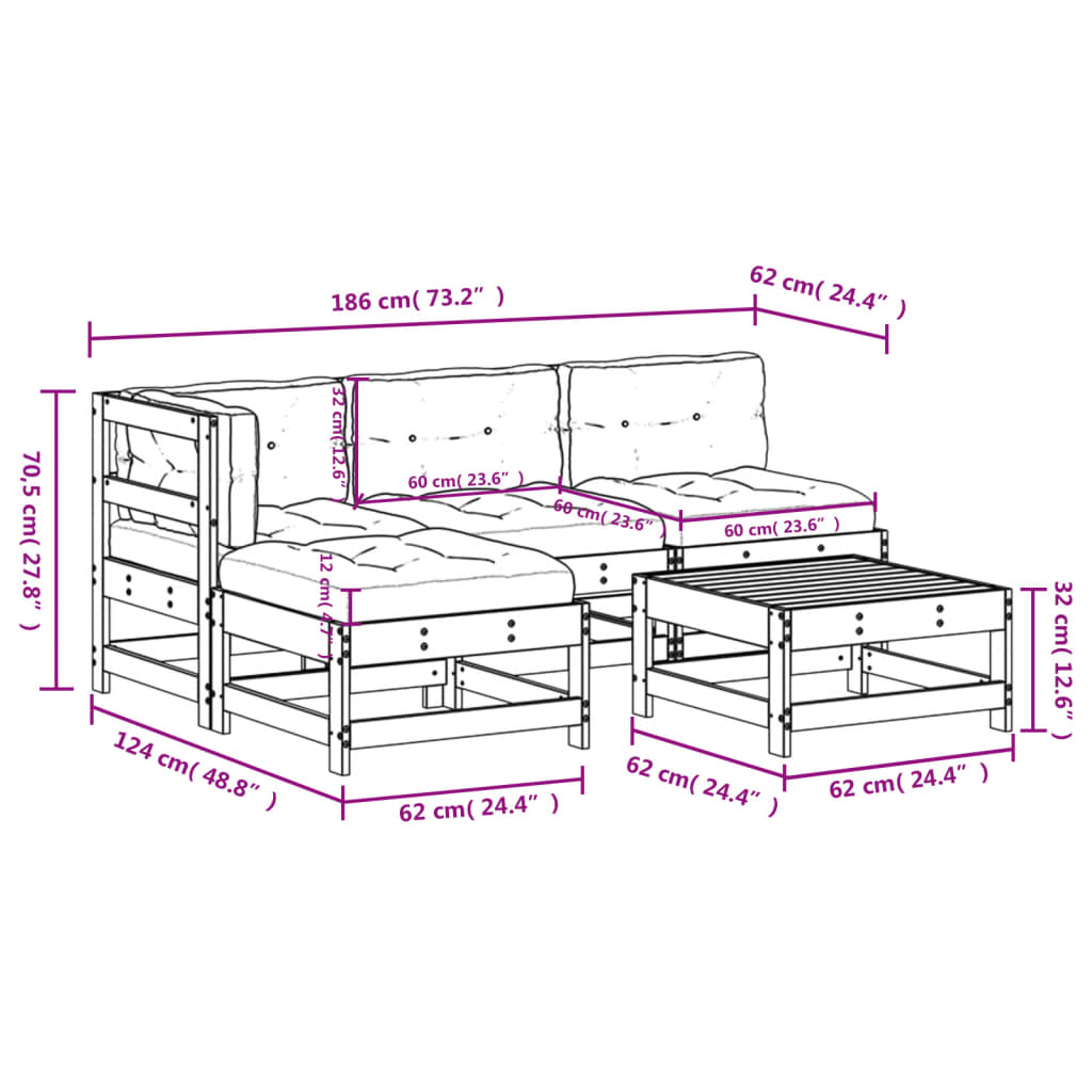 5pcs conjunto lounge jardim com almofadões madeira maciça preto