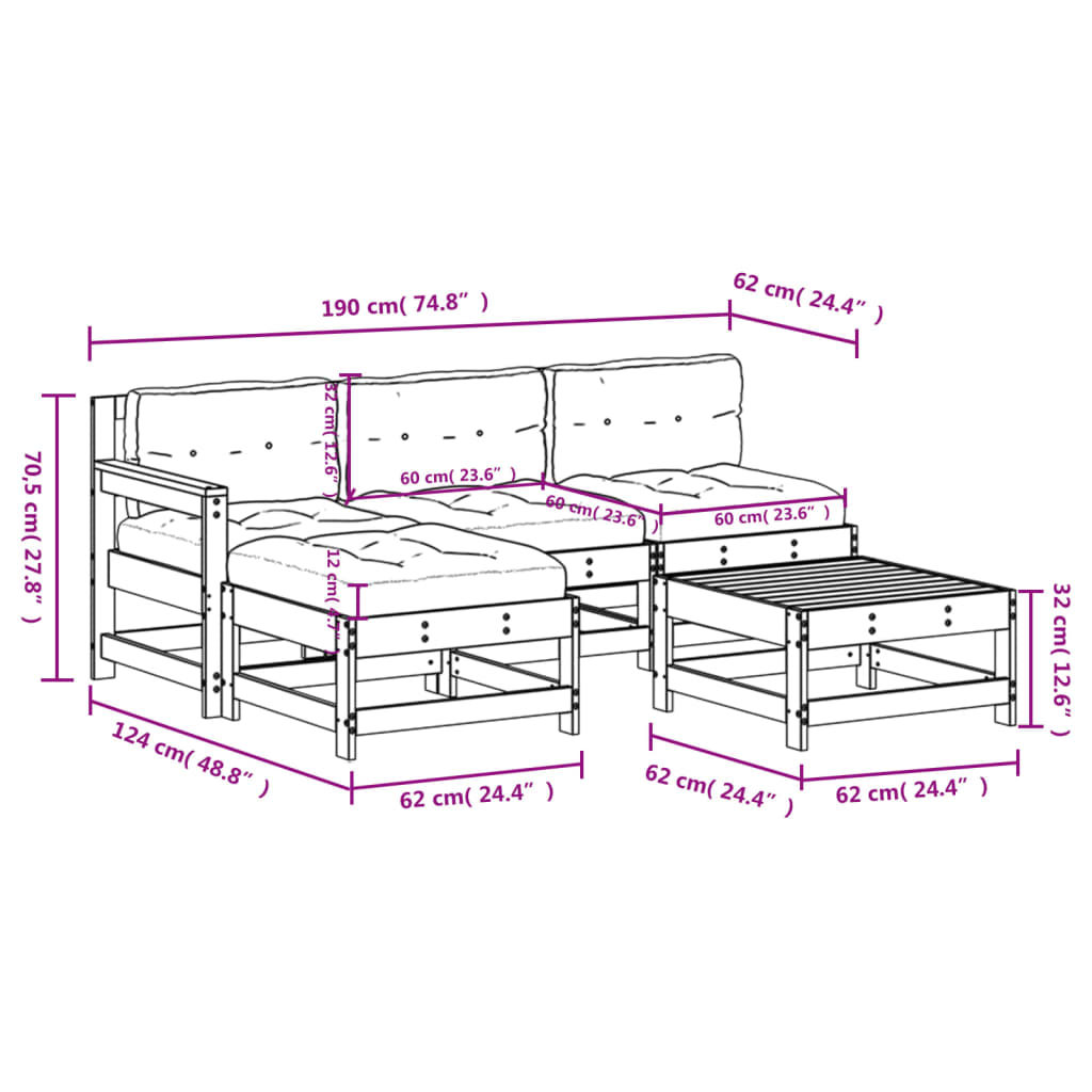 5 pcs conjunto lounge jardim com almofadões madeira maciça