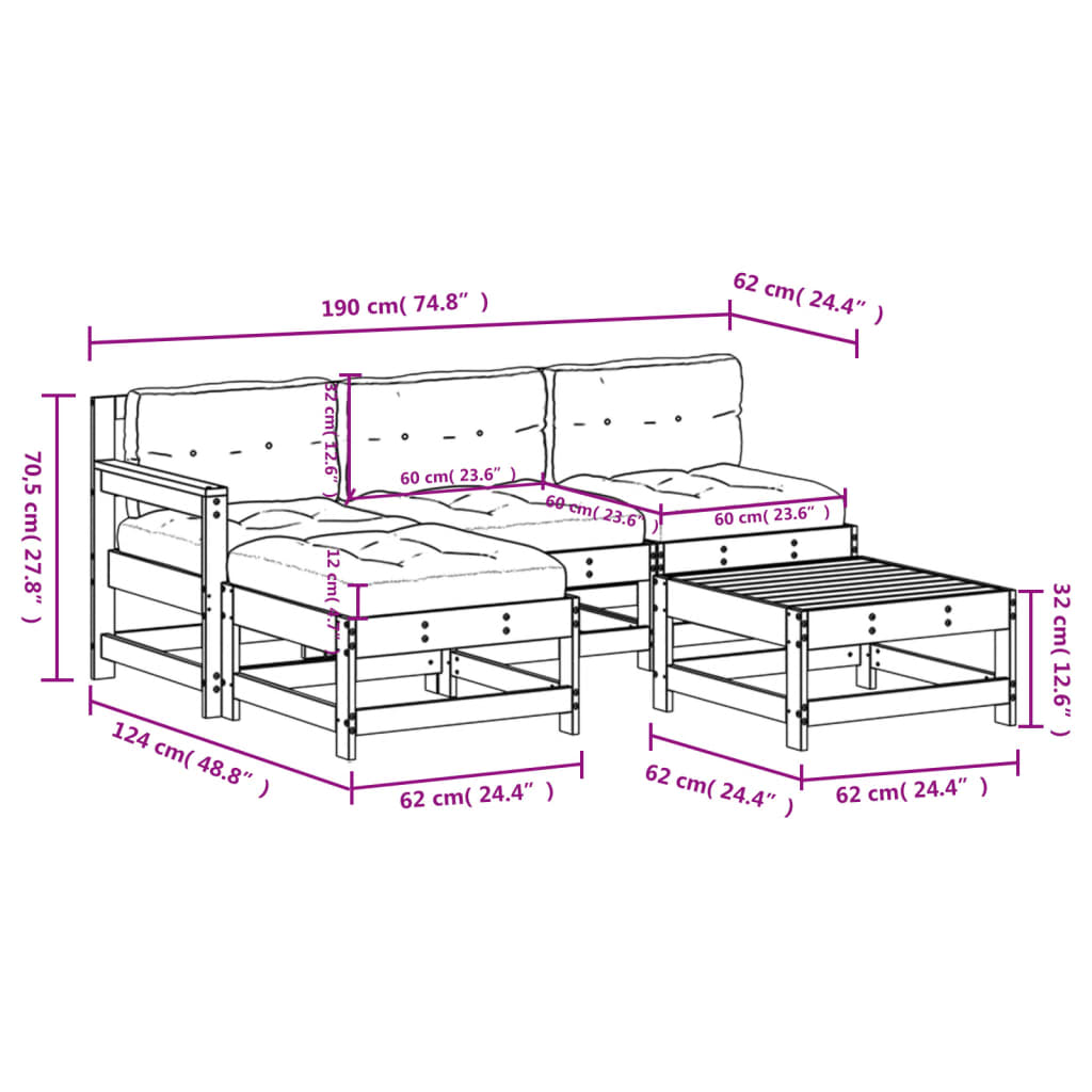 5pcs conjunto lounge jardim c/ almofadões madeira maciça branco