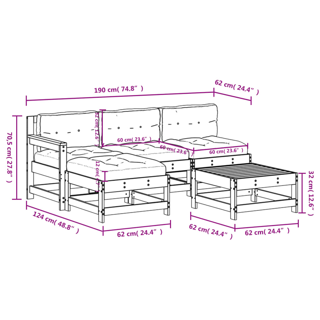 5 pcs conjunto lounge de jardim c/ almofadões pinho impregnado