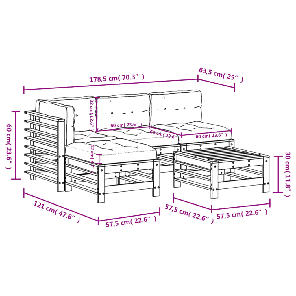 5pcs conjunto lounge jardim c/ almofadões madeira maciça branco