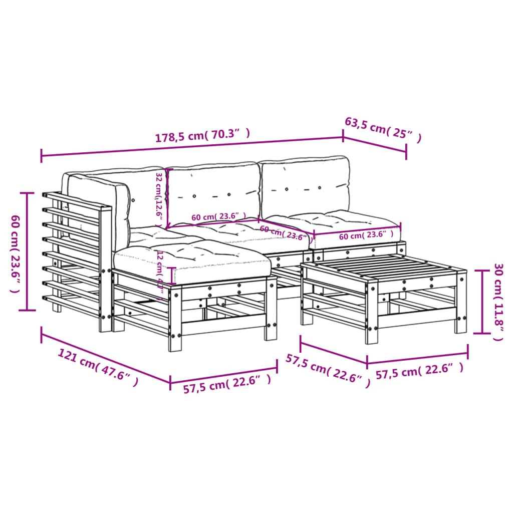 5pcs conjunto lounge jardim com almofadões madeira maciça preto