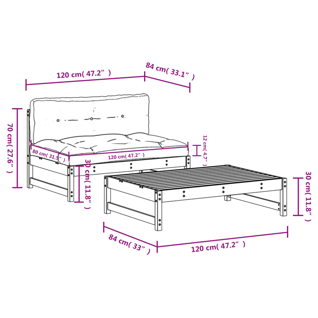 2 pcs conjunto lounge jardim c/ almofadões madeira maciça cinza