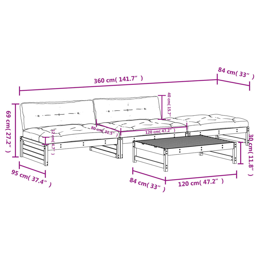 4 pcs conjunto lounge jardim com almofadões madeira maciça