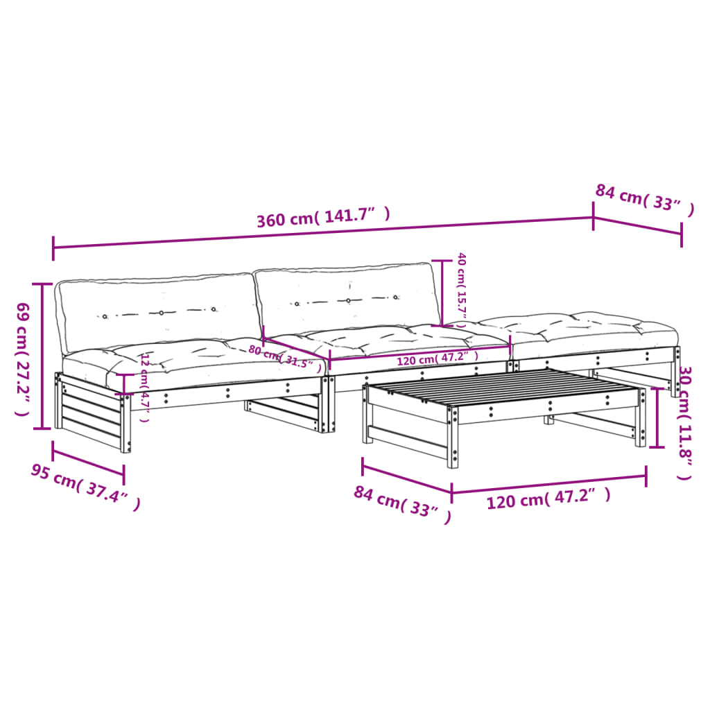 4pcs conjunto lounge jardim c/ almofadões madeira maciça branco