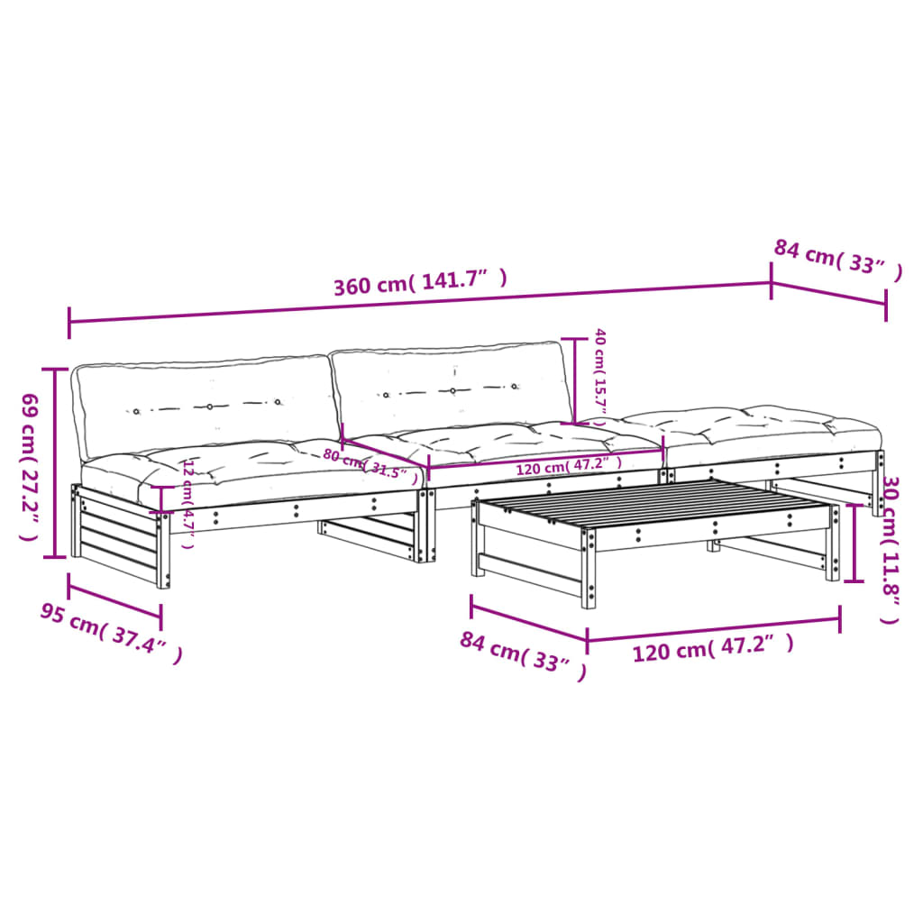 4 pcs conj. lounge jardim com almofadões madeira douglas maciça